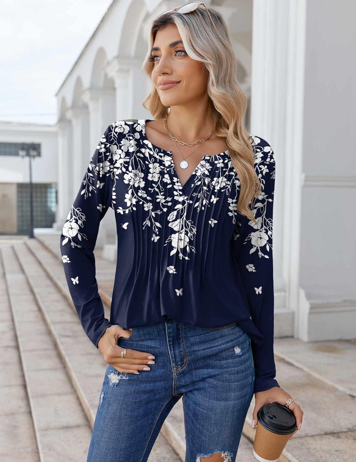 imageZeagoo Womens Long Sleeve Tops 2025 V Neck Pleated Shirts Dressy Casual Tunic Blouses Loose Fit Fall Fashion ClothesSf103