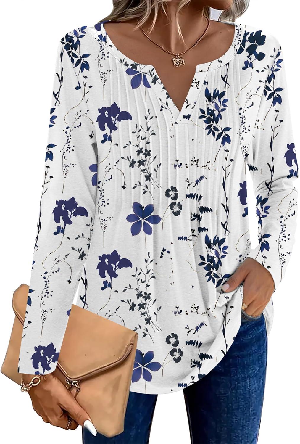 imageZeagoo Womens Long Sleeve Tops 2025 V Neck Pleated Shirts Dressy Casual Tunic Blouses Loose Fit Fall Fashion ClothesWhiteprinted