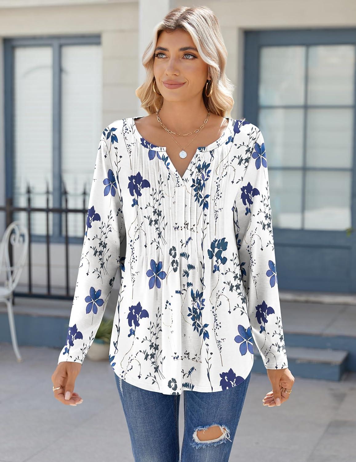 imageZeagoo Womens Long Sleeve Tops 2025 V Neck Pleated Shirts Dressy Casual Tunic Blouses Loose Fit Fall Fashion ClothesWhiteprinted