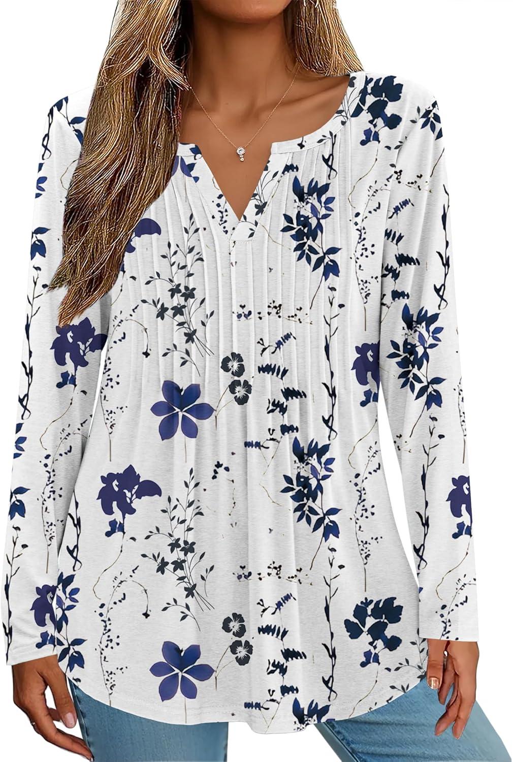 imageZeagoo Womens Long Sleeve Tops 2025 V Neck Pleated Shirts Dressy Casual Tunic Blouses Loose Fit Fall Fashion ClothesWhiteprinted