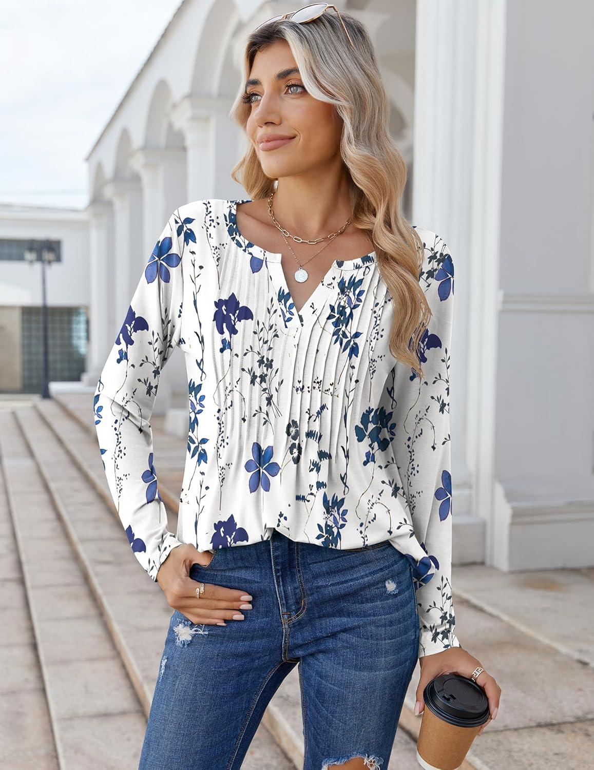 imageZeagoo Womens Long Sleeve Tops 2025 V Neck Pleated Shirts Dressy Casual Tunic Blouses Loose Fit Fall Fashion ClothesWhiteprinted