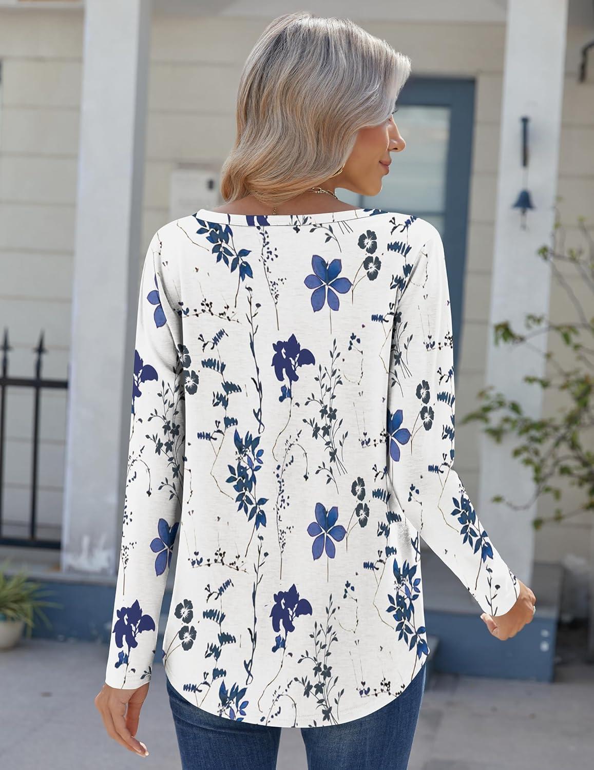 imageZeagoo Womens Long Sleeve Tops 2025 V Neck Pleated Shirts Dressy Casual Tunic Blouses Loose Fit Fall Fashion ClothesWhiteprinted