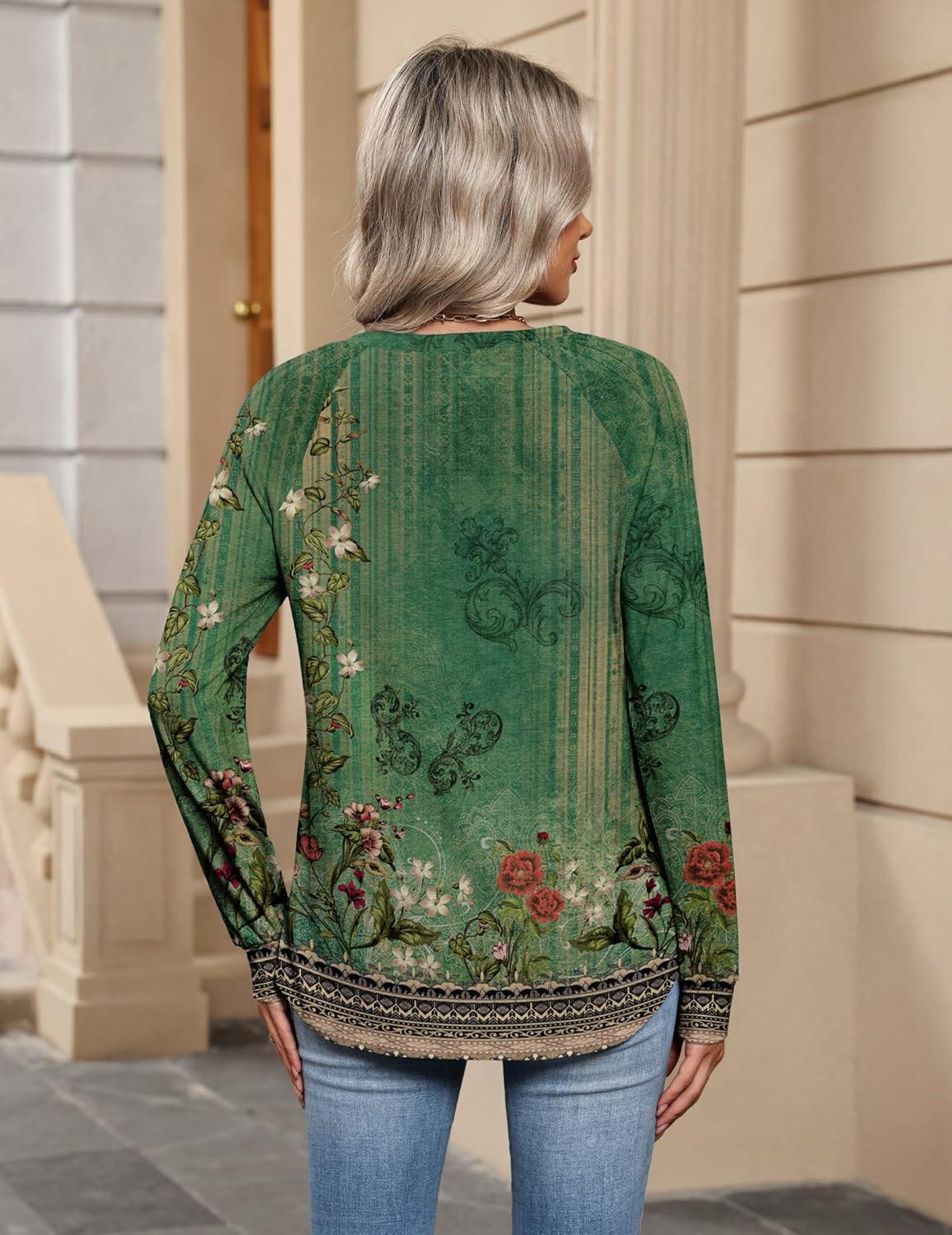 imageZeagoo Womens Long Sleeve Tops V Neck Pleated Shirts Dressy Casual Blouses Fall Fashion Tunic Clothes 2026 TShirts01green Floral