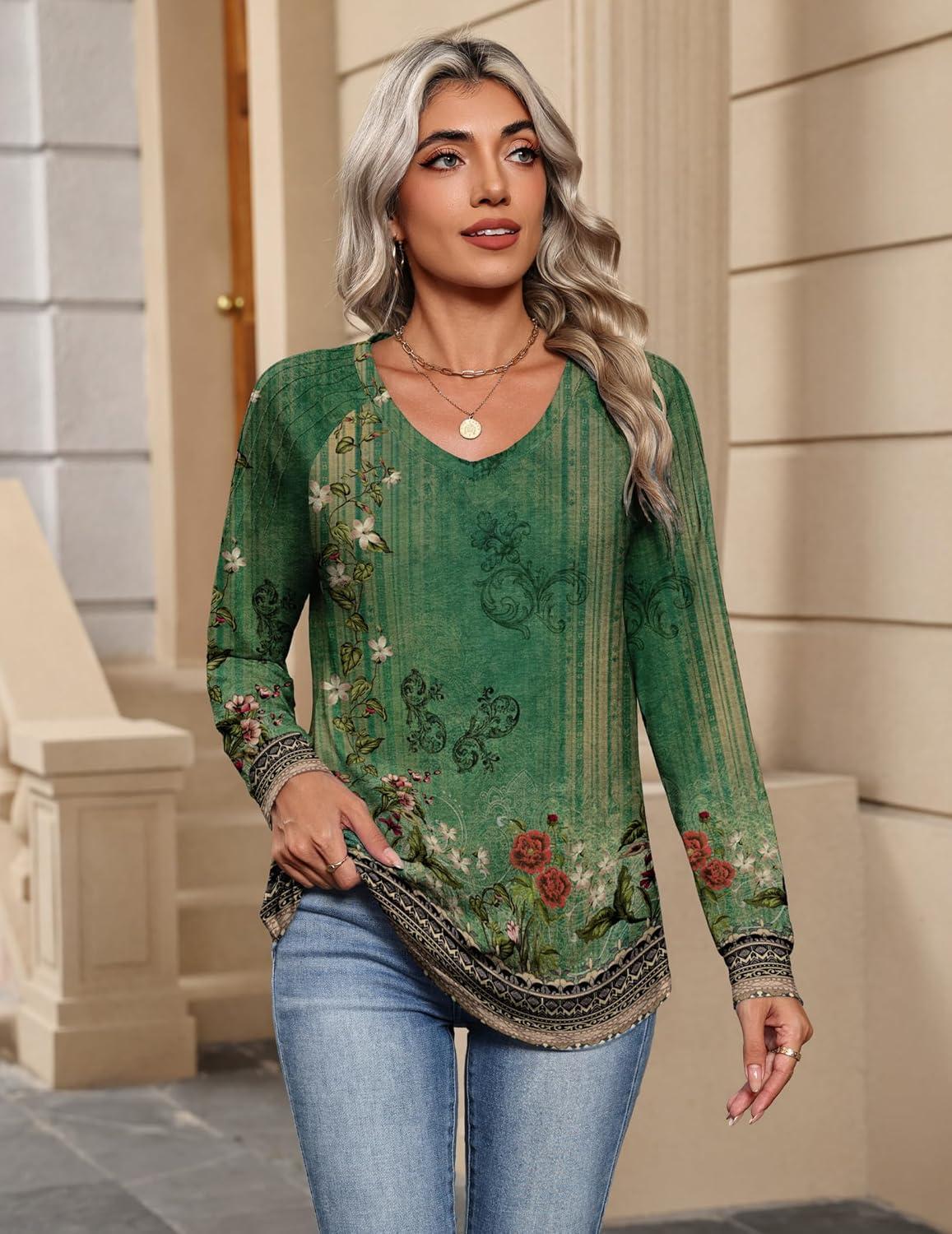 imageZeagoo Womens Long Sleeve Tops V Neck Pleated Shirts Dressy Casual Blouses Fall Fashion Tunic Clothes 2026 TShirts01green Floral