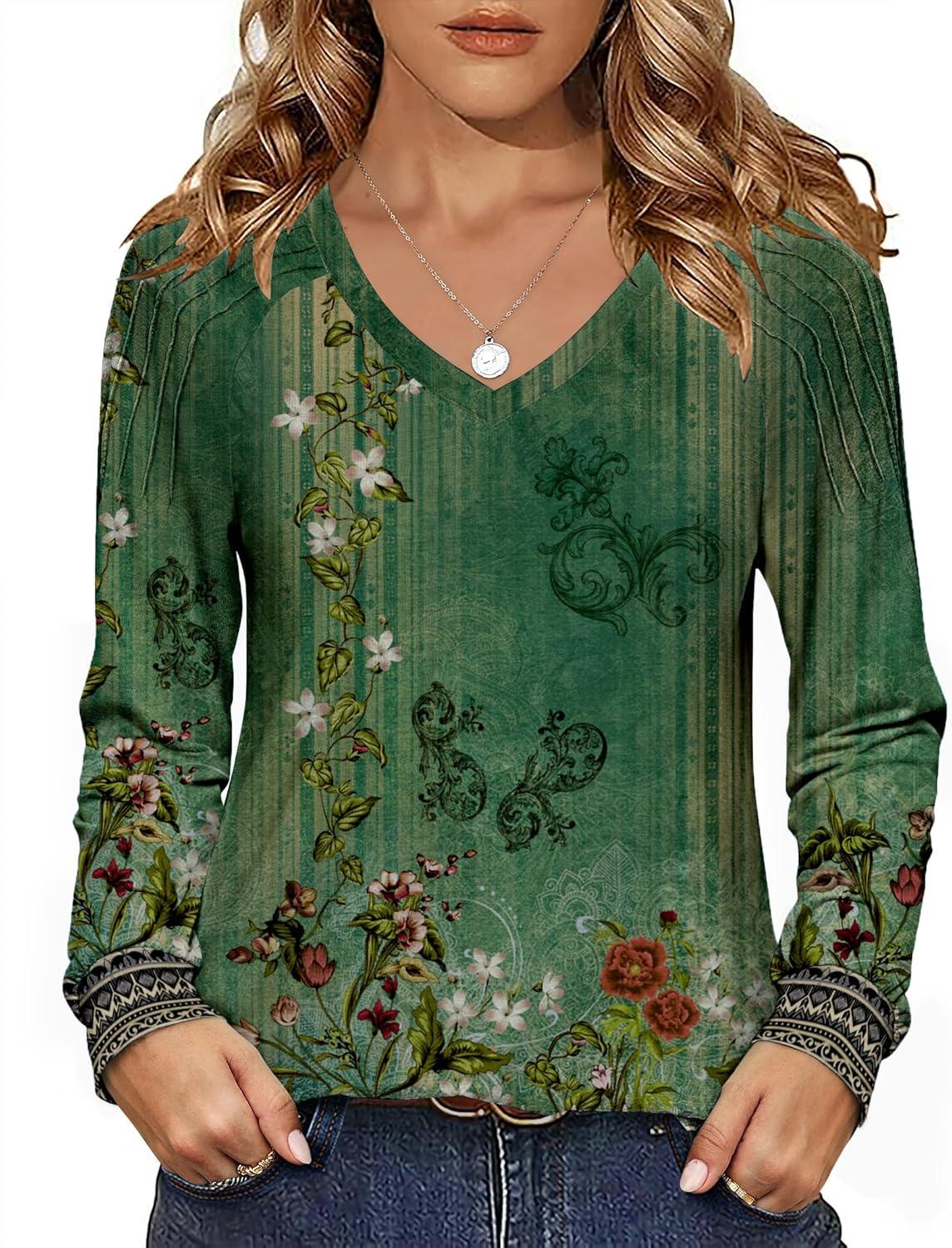 imageZeagoo Womens Long Sleeve Tops V Neck Pleated Shirts Dressy Casual Blouses Fall Fashion Tunic Clothes 2026 TShirts01green Floral