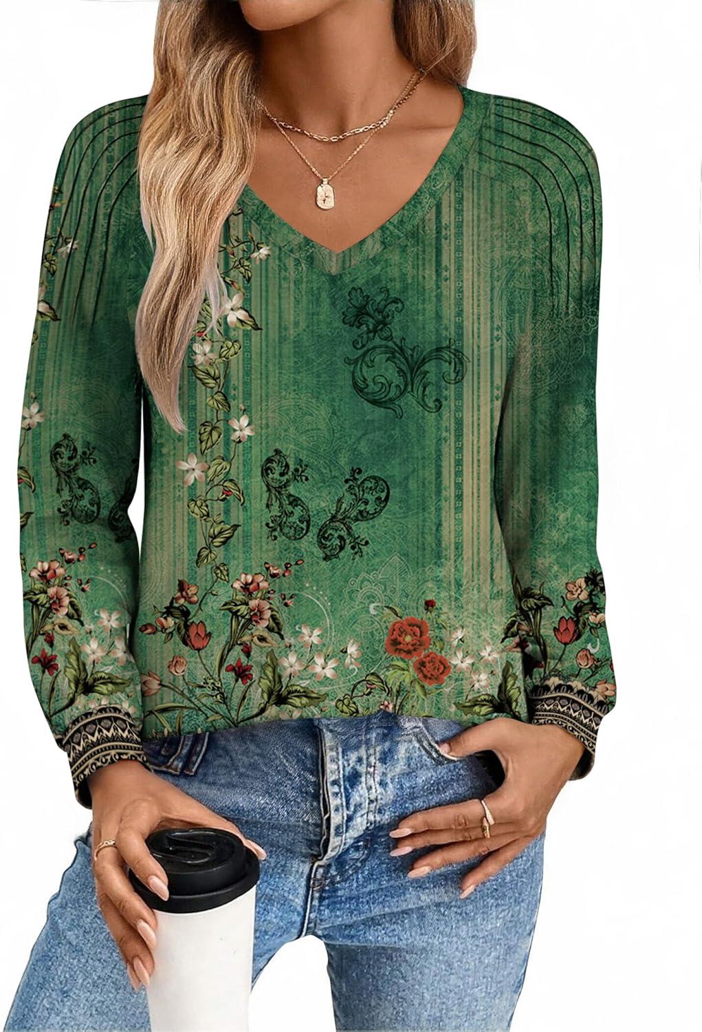 imageZeagoo Womens Long Sleeve Tops V Neck Pleated Shirts Dressy Casual Blouses Fall Fashion Tunic Clothes 2026 TShirts01green Floral