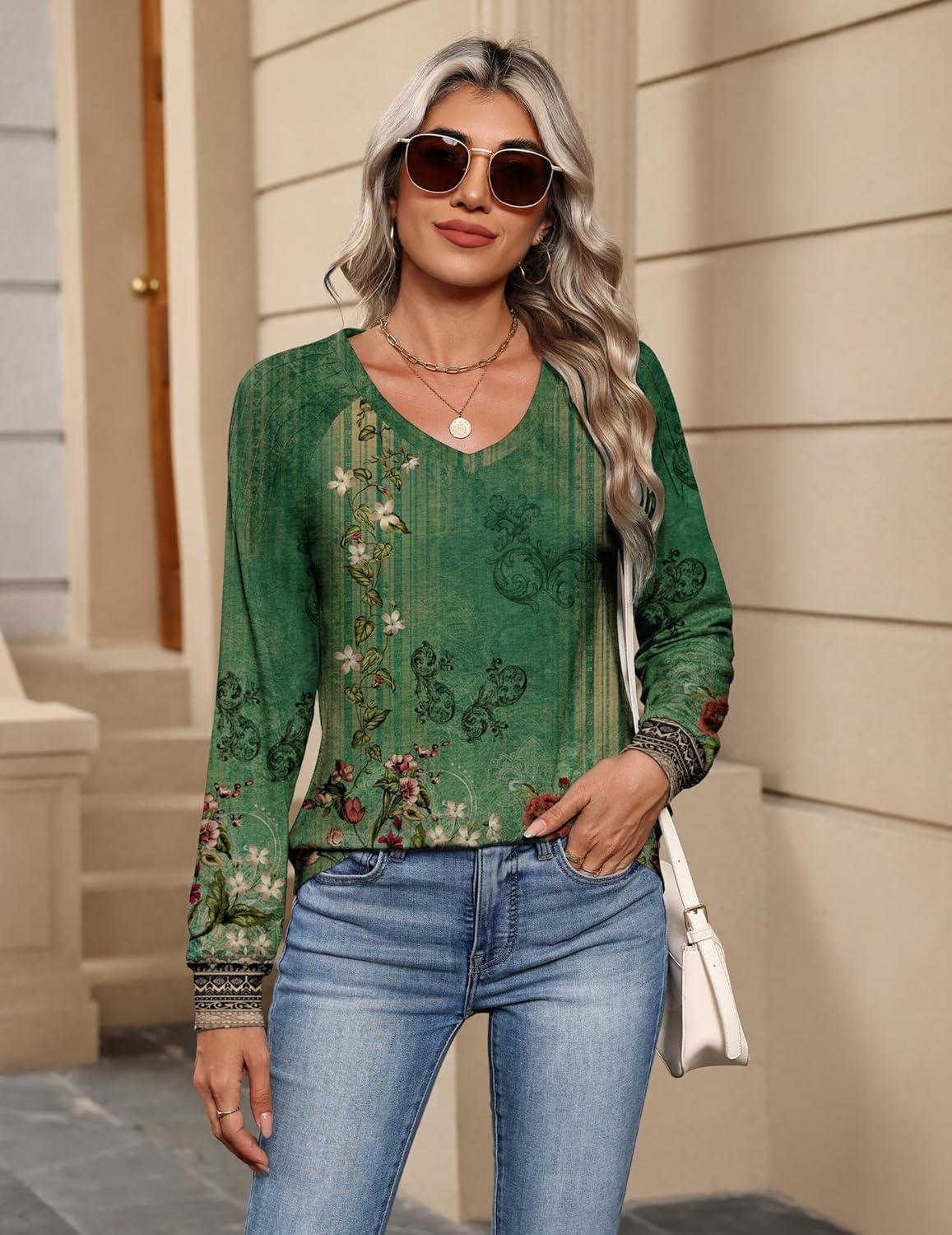 imageZeagoo Womens Long Sleeve Tops V Neck Pleated Shirts Dressy Casual Blouses Fall Fashion Tunic Clothes 2026 TShirts01green Floral