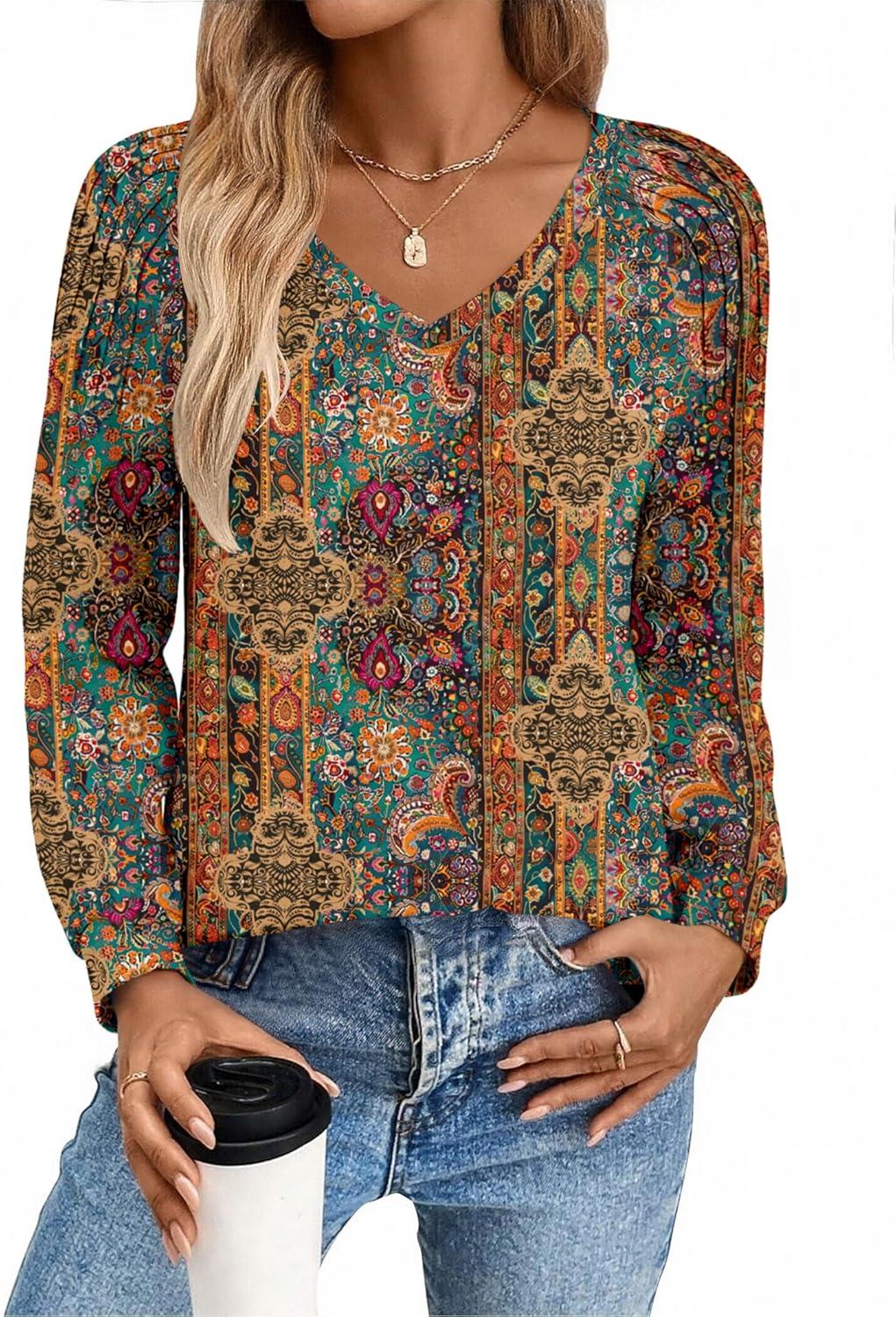 imageZeagoo Womens Long Sleeve Tops V Neck Pleated Shirts Dressy Casual Blouses Fall Fashion Tunic Clothes 2026 TShirts01vintage Floral