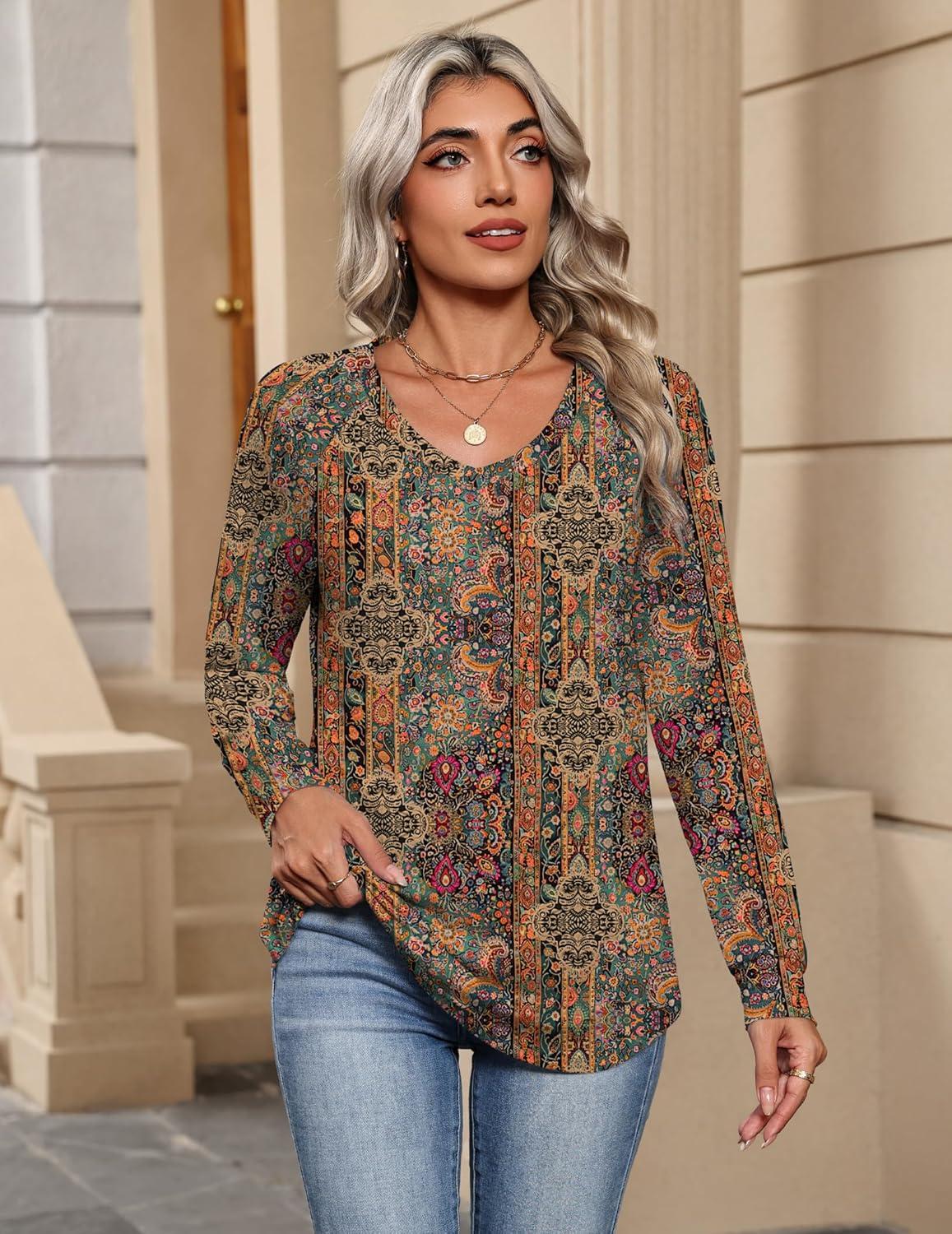 imageZeagoo Womens Long Sleeve Tops V Neck Pleated Shirts Dressy Casual Blouses Fall Fashion Tunic Clothes 2026 TShirts01vintage Floral
