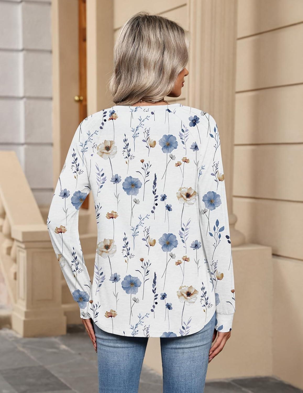 imageZeagoo Womens Long Sleeve Tops V Neck Pleated Shirts Dressy Casual Blouses Fall Fashion Tunic Clothes 2026 TShirts01white Floral