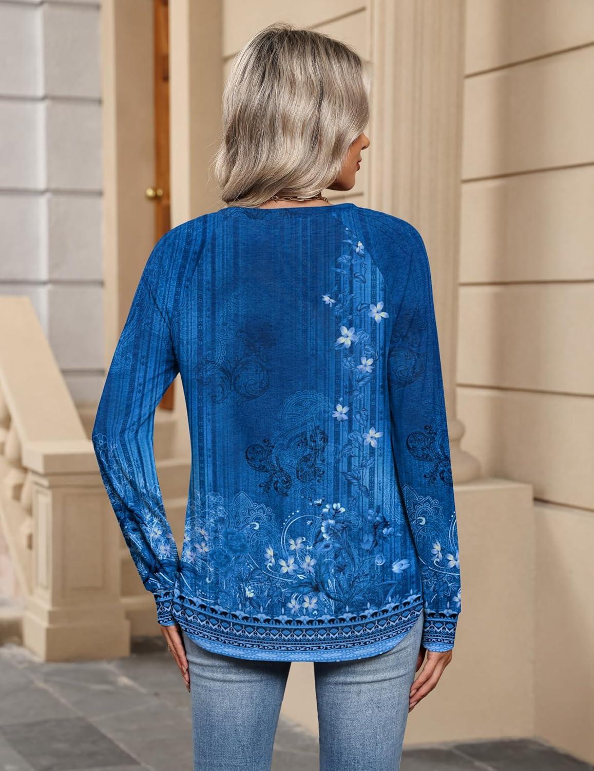 imageZeagoo Womens Long Sleeve Tops V Neck Pleated Shirts Dressy Casual Blouses Fall Fashion Tunic Clothes 2026 TShirtsBlue Floral