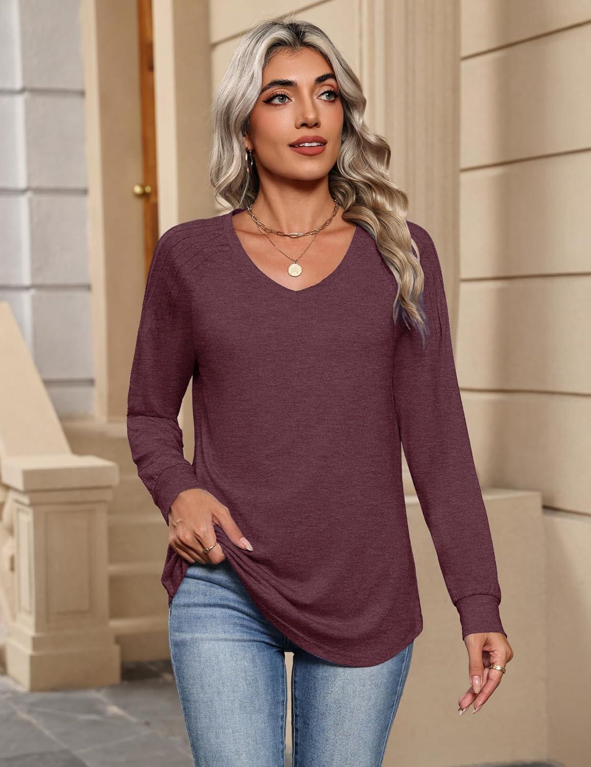 imageZeagoo Womens Long Sleeve Tops V Neck Pleated Shirts Dressy Casual Blouses Fall Fashion Tunic Clothes 2026 TShirtsDeep Red