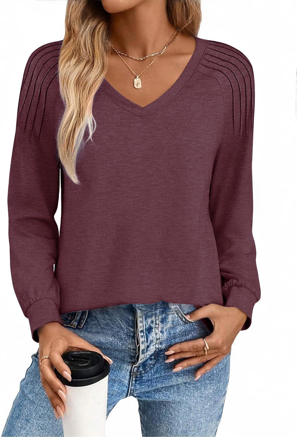 imageZeagoo Womens Long Sleeve Tops V Neck Pleated Shirts Dressy Casual Blouses Fall Fashion Tunic Clothes 2026 TShirtsDeep Red