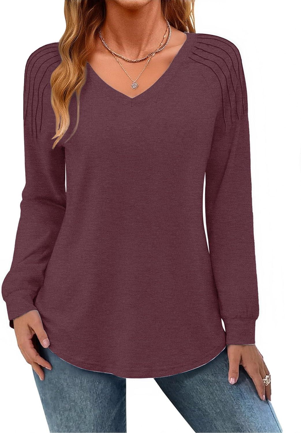 imageZeagoo Womens Long Sleeve Tops V Neck Pleated Shirts Dressy Casual Blouses Fall Fashion Tunic Clothes 2026 TShirtsDeep Red