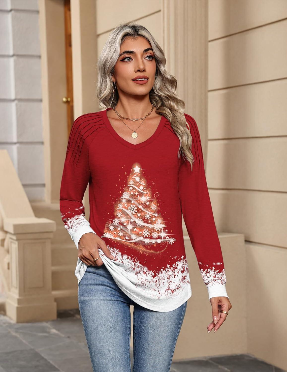imageZeagoo Womens Long Sleeve Tops V Neck Pleated Shirts Dressy Casual Blouses Fall Fashion Tunic Clothes 2026 TShirtsFloral Christmas 1