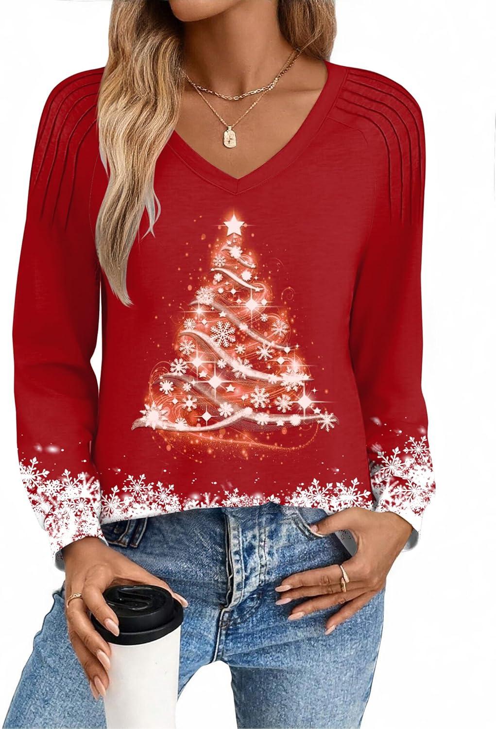 imageZeagoo Womens Long Sleeve Tops V Neck Pleated Shirts Dressy Casual Blouses Fall Fashion Tunic Clothes 2026 TShirtsFloral Christmas 1