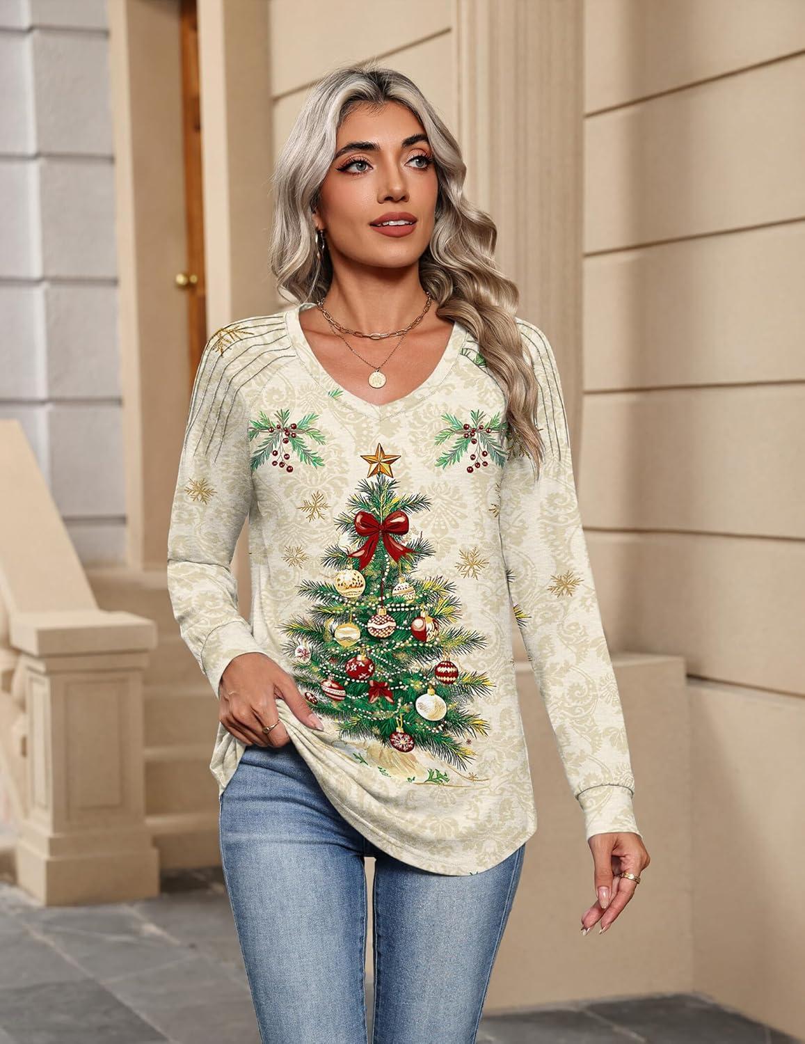 imageZeagoo Womens Long Sleeve Tops V Neck Pleated Shirts Dressy Casual Blouses Fall Fashion Tunic Clothes 2026 TShirtsFloral Christmas 2