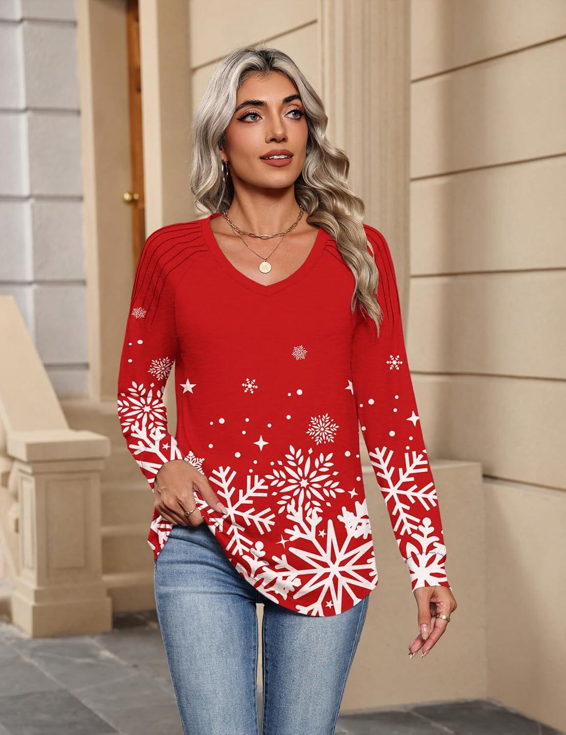 imageZeagoo Womens Long Sleeve Tops V Neck Pleated Shirts Dressy Casual Blouses Fall Fashion Tunic Clothes 2026 TShirtsFloral Christmas 3
