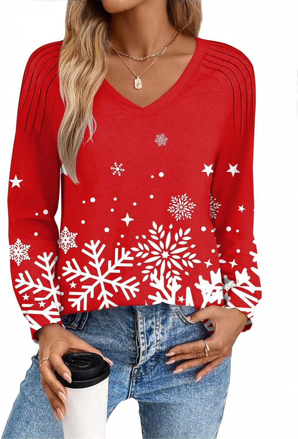 imageZeagoo Womens Long Sleeve Tops V Neck Pleated Shirts Dressy Casual Blouses Fall Fashion Tunic Clothes 2026 TShirtsFloral Christmas 3