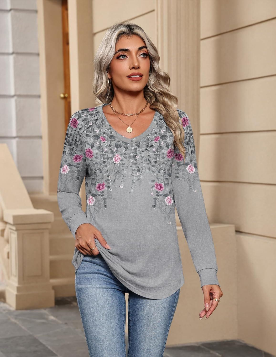 imageZeagoo Womens Long Sleeve Tops V Neck Pleated Shirts Dressy Casual Blouses Fall Fashion Tunic Clothes 2026 TShirtsGrey2