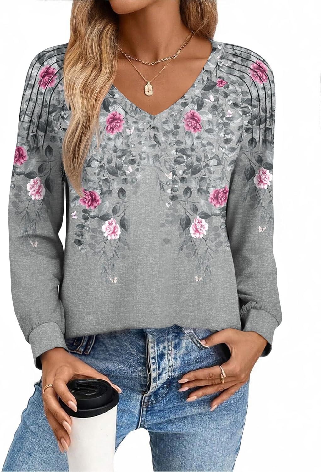 imageZeagoo Womens Long Sleeve Tops V Neck Pleated Shirts Dressy Casual Blouses Fall Fashion Tunic Clothes 2026 TShirtsGrey2