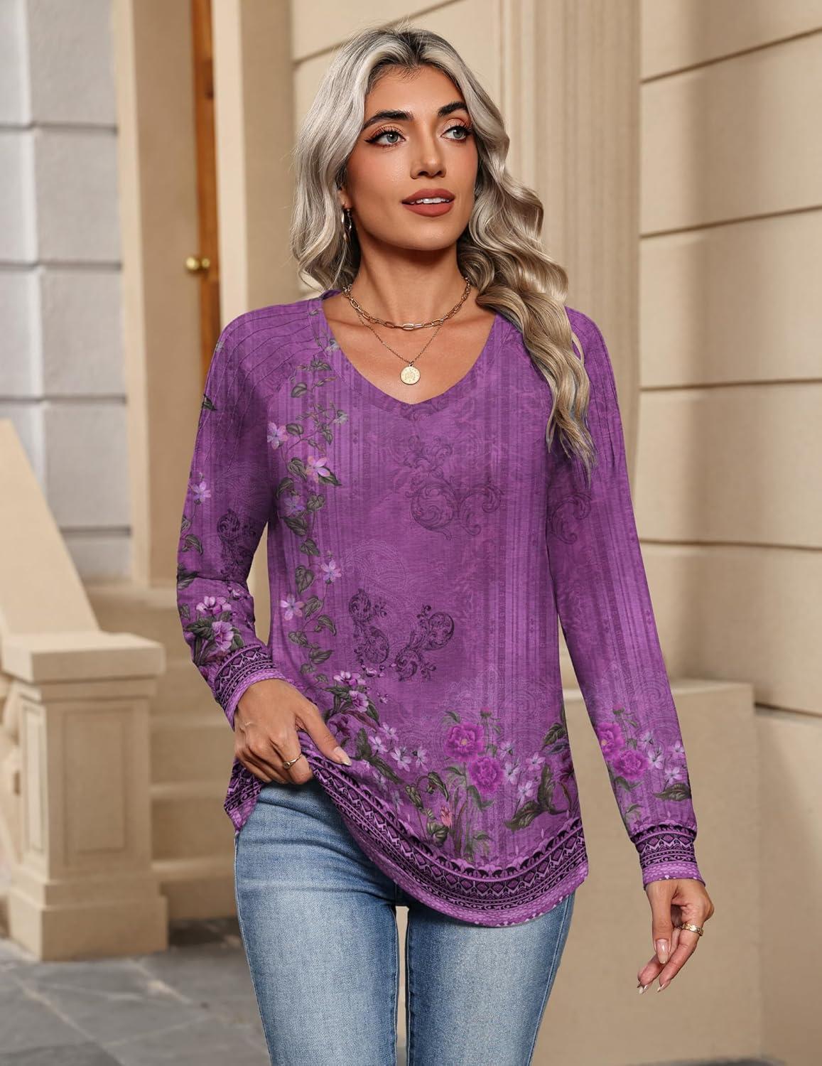 imageZeagoo Womens Long Sleeve Tops V Neck Pleated Shirts Dressy Casual Blouses Fall Fashion Tunic Clothes 2026 TShirtsPurple Floral 1