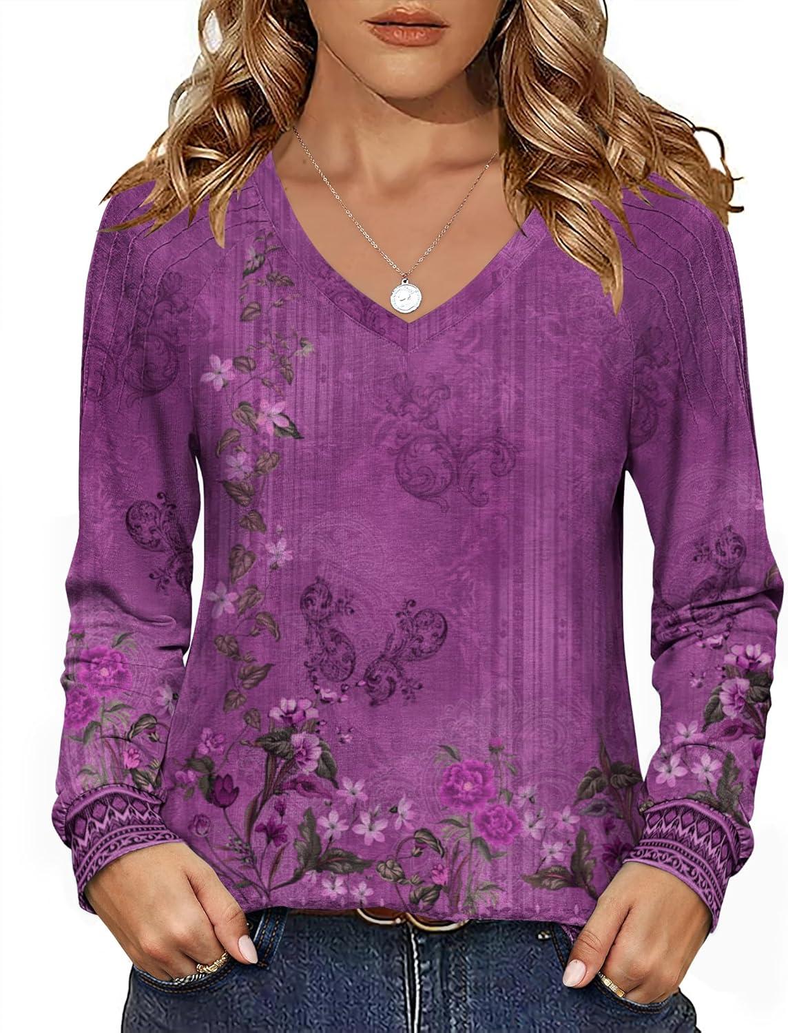 imageZeagoo Womens Long Sleeve Tops V Neck Pleated Shirts Dressy Casual Blouses Fall Fashion Tunic Clothes 2026 TShirtsPurple Floral 1