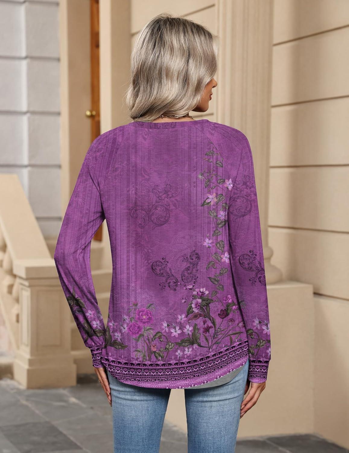 imageZeagoo Womens Long Sleeve Tops V Neck Pleated Shirts Dressy Casual Blouses Fall Fashion Tunic Clothes 2026 TShirtsPurple Floral 1