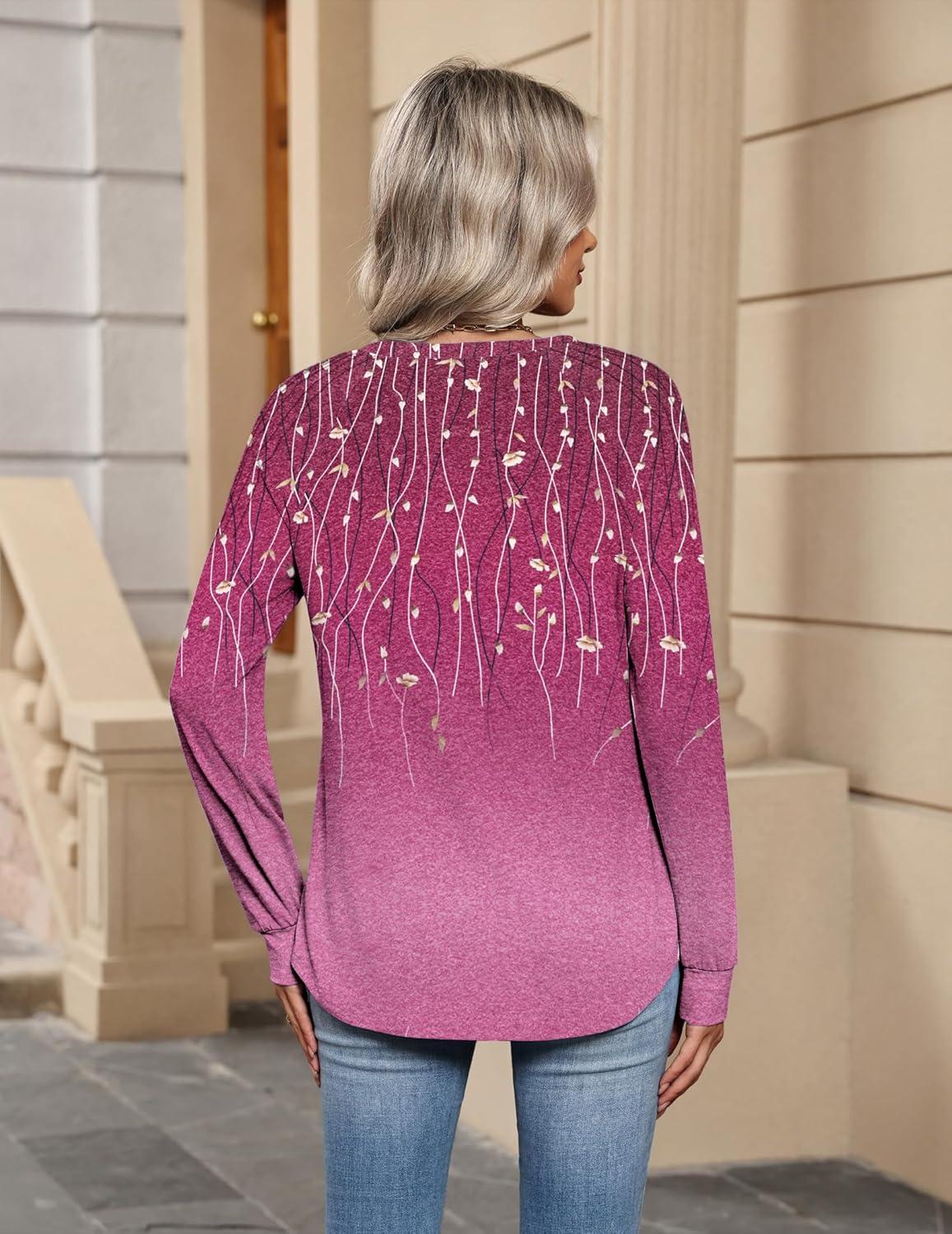 imageZeagoo Womens Long Sleeve Tops V Neck Pleated Shirts Dressy Casual Blouses Fall Fashion Tunic Clothes 2026 TShirtsPurple Floral 2