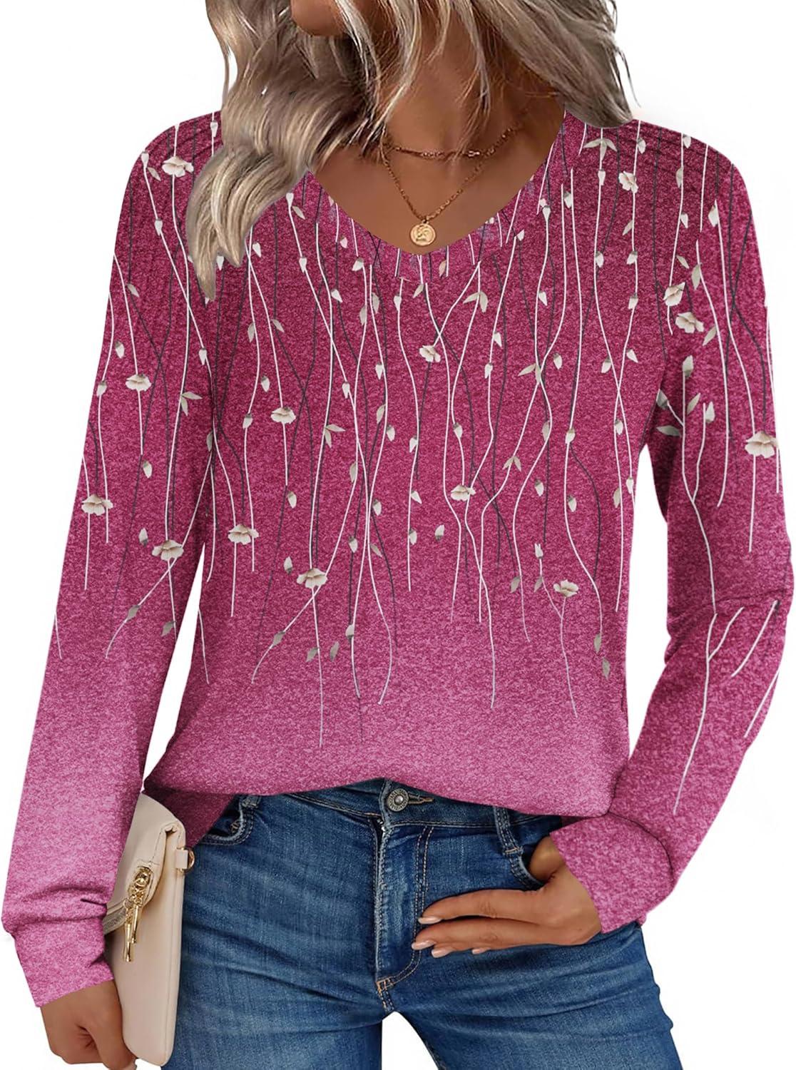 imageZeagoo Womens Long Sleeve Tops V Neck Pleated Shirts Dressy Casual Blouses Fall Fashion Tunic Clothes 2026 TShirtsPurple Floral 2
