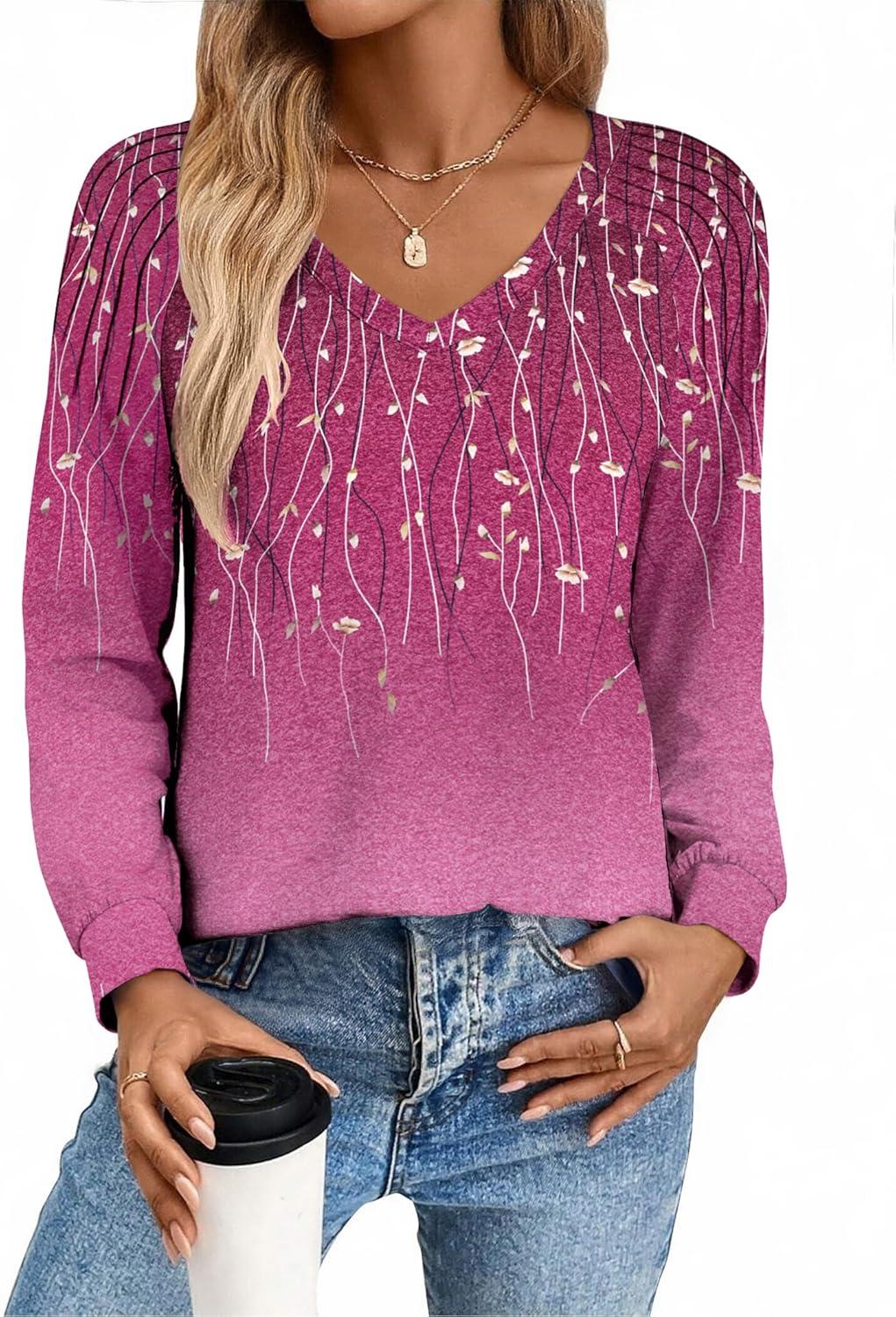 imageZeagoo Womens Long Sleeve Tops V Neck Pleated Shirts Dressy Casual Blouses Fall Fashion Tunic Clothes 2026 TShirtsPurple Floral 2