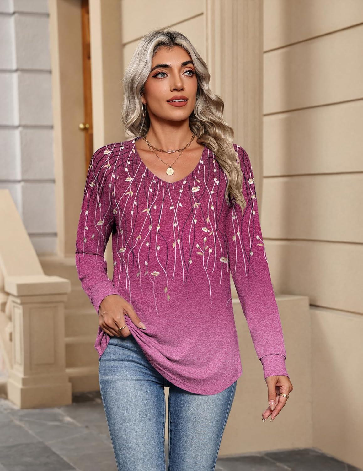 imageZeagoo Womens Long Sleeve Tops V Neck Pleated Shirts Dressy Casual Blouses Fall Fashion Tunic Clothes 2026 TShirtsPurple Floral 2