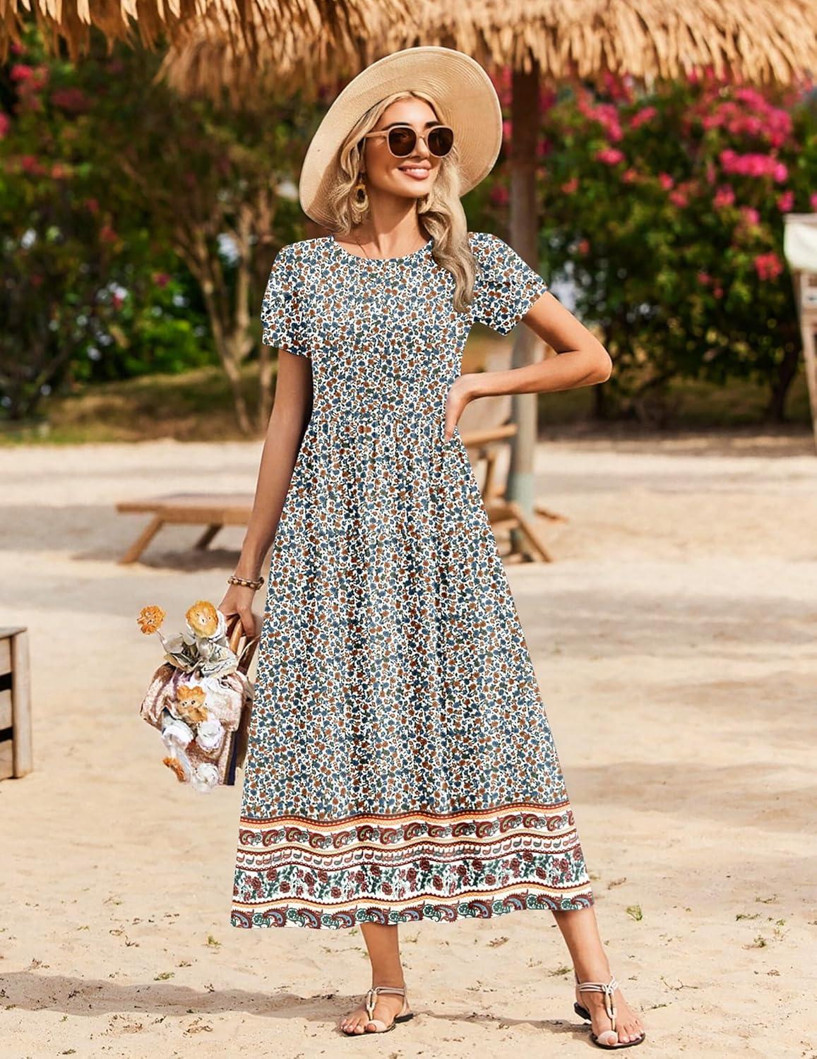 imageZeagoo Womens Maxi Dresses Summer Bohemian Floral Short Sleeve Long Dress Casual Flowy Tired Beach Sundress02mz914