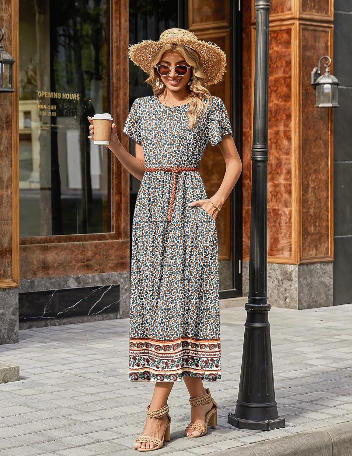 imageZeagoo Womens Maxi Dresses Summer Bohemian Floral Short Sleeve Long Dress Casual Flowy Tired Beach Sundress02mz914