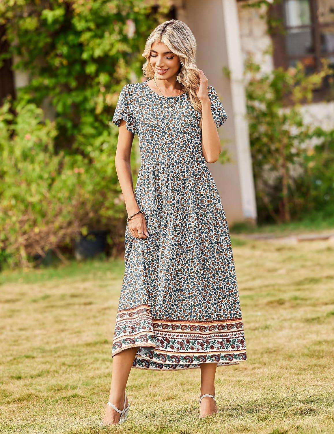 imageZeagoo Womens Maxi Dresses Summer Bohemian Floral Short Sleeve Long Dress Casual Flowy Tired Beach Sundress02mz914