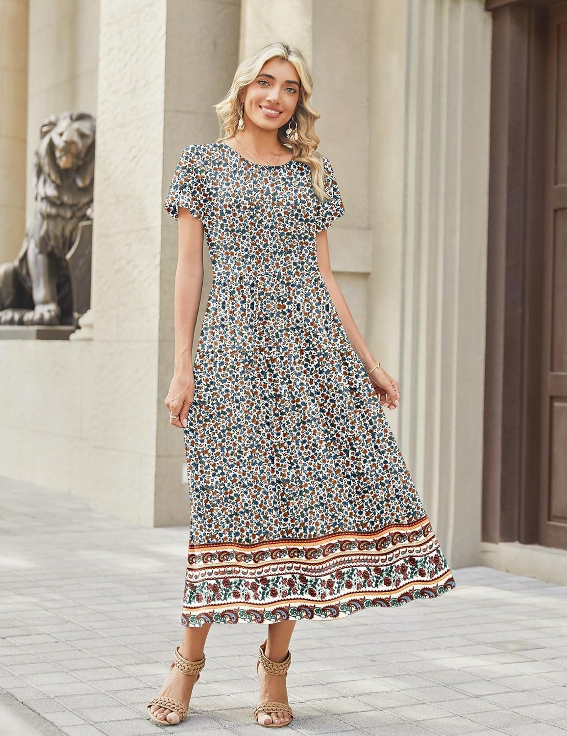 imageZeagoo Womens Maxi Dresses Summer Bohemian Floral Short Sleeve Long Dress Casual Flowy Tired Beach Sundress02mz914