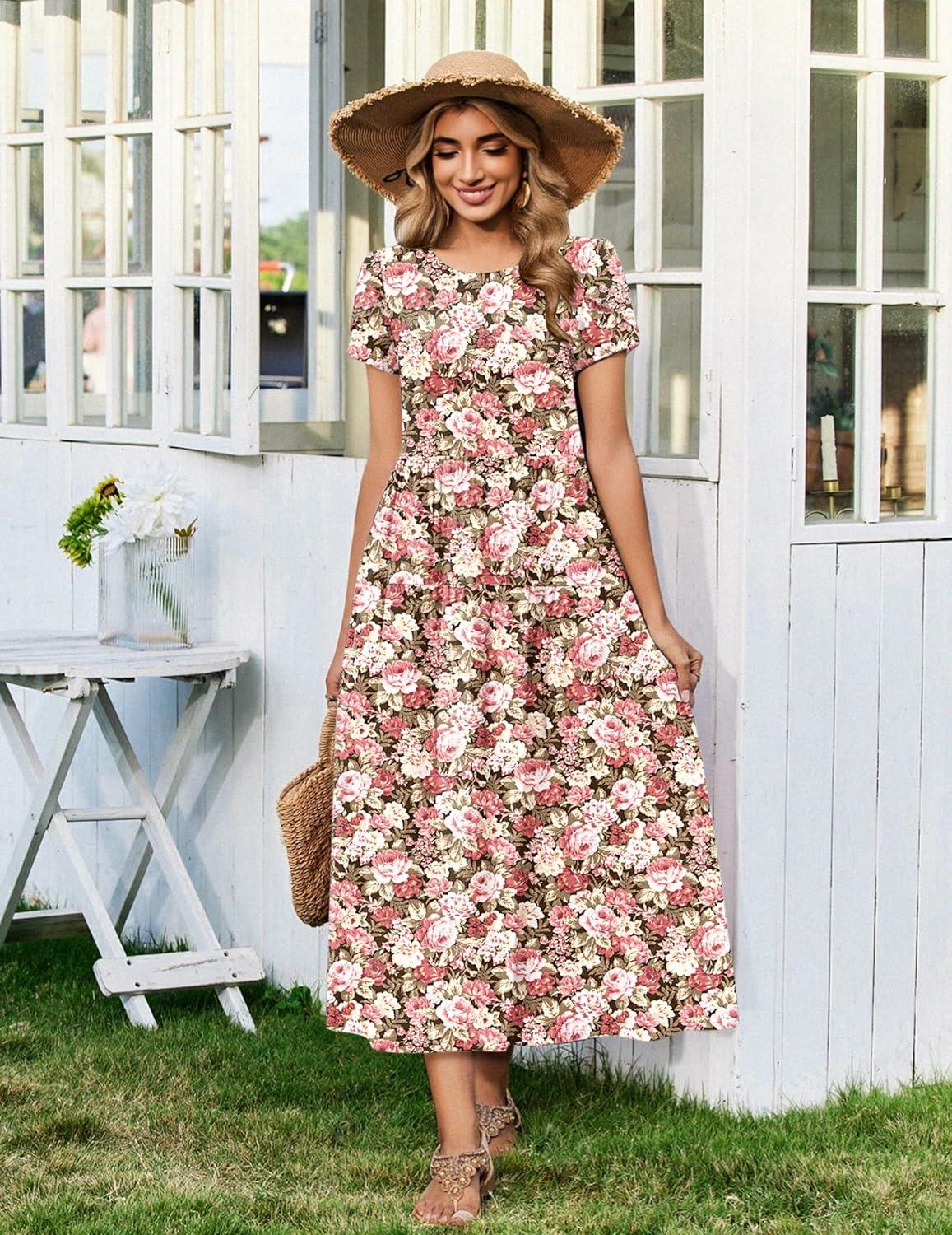 imageZeagoo Womens Maxi Dresses Summer Bohemian Floral Short Sleeve Long Dress Casual Flowy Tired Beach Sundress03wf87