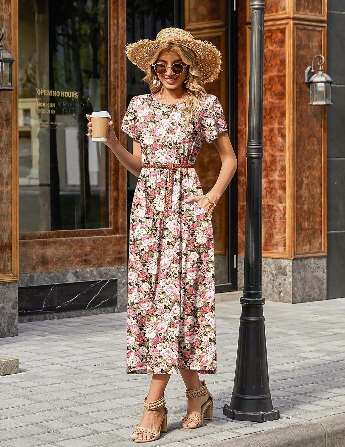 imageZeagoo Womens Maxi Dresses Summer Bohemian Floral Short Sleeve Long Dress Casual Flowy Tired Beach Sundress03wf87