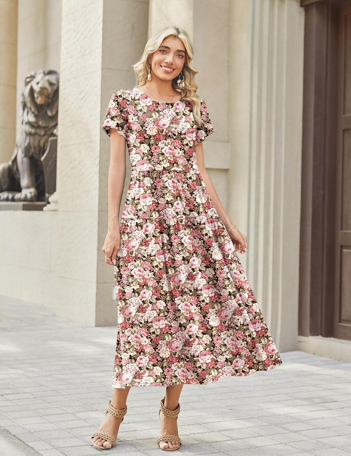 imageZeagoo Womens Maxi Dresses Summer Bohemian Floral Short Sleeve Long Dress Casual Flowy Tired Beach Sundress03wf87