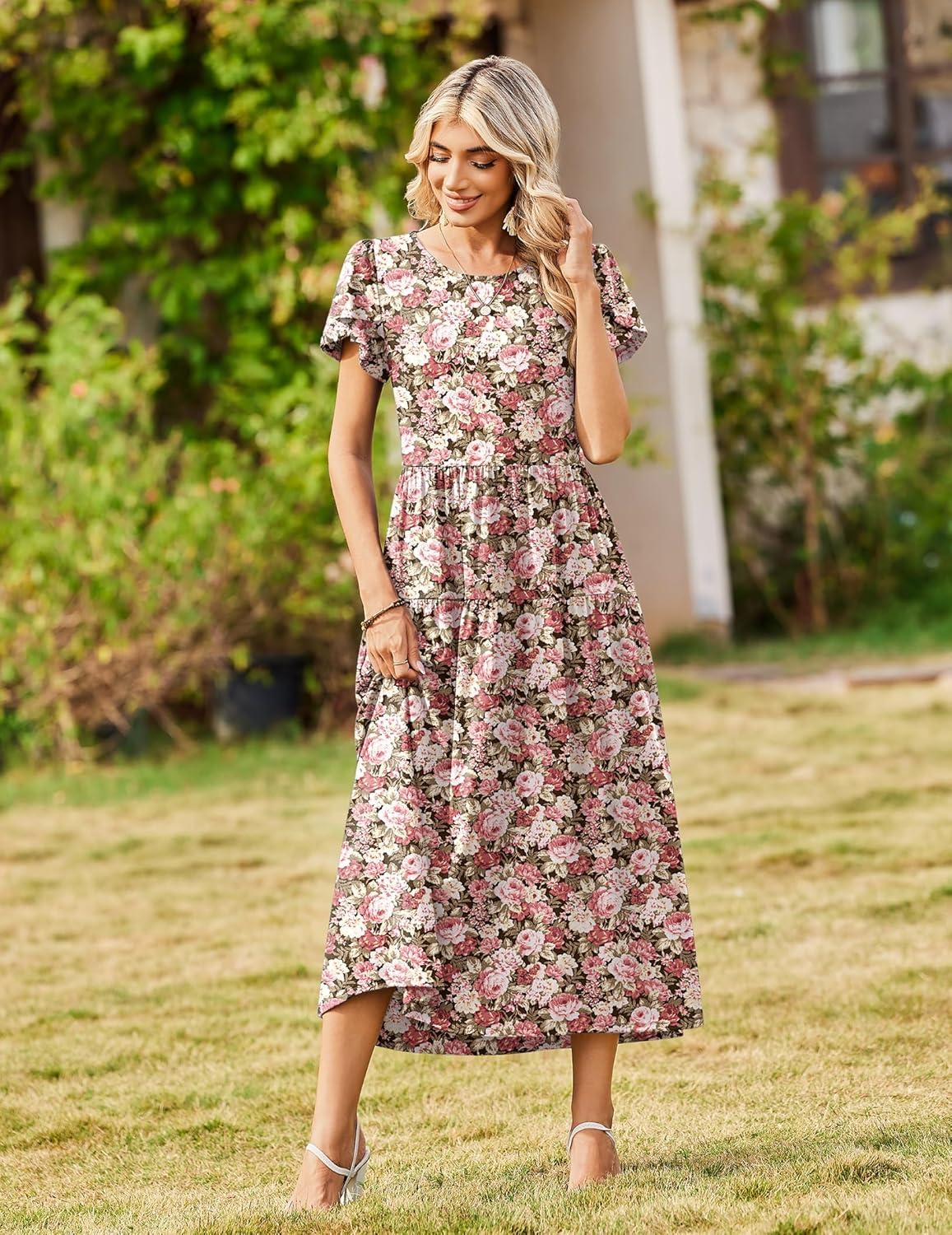 imageZeagoo Womens Maxi Dresses Summer Bohemian Floral Short Sleeve Long Dress Casual Flowy Tired Beach Sundress03wf87