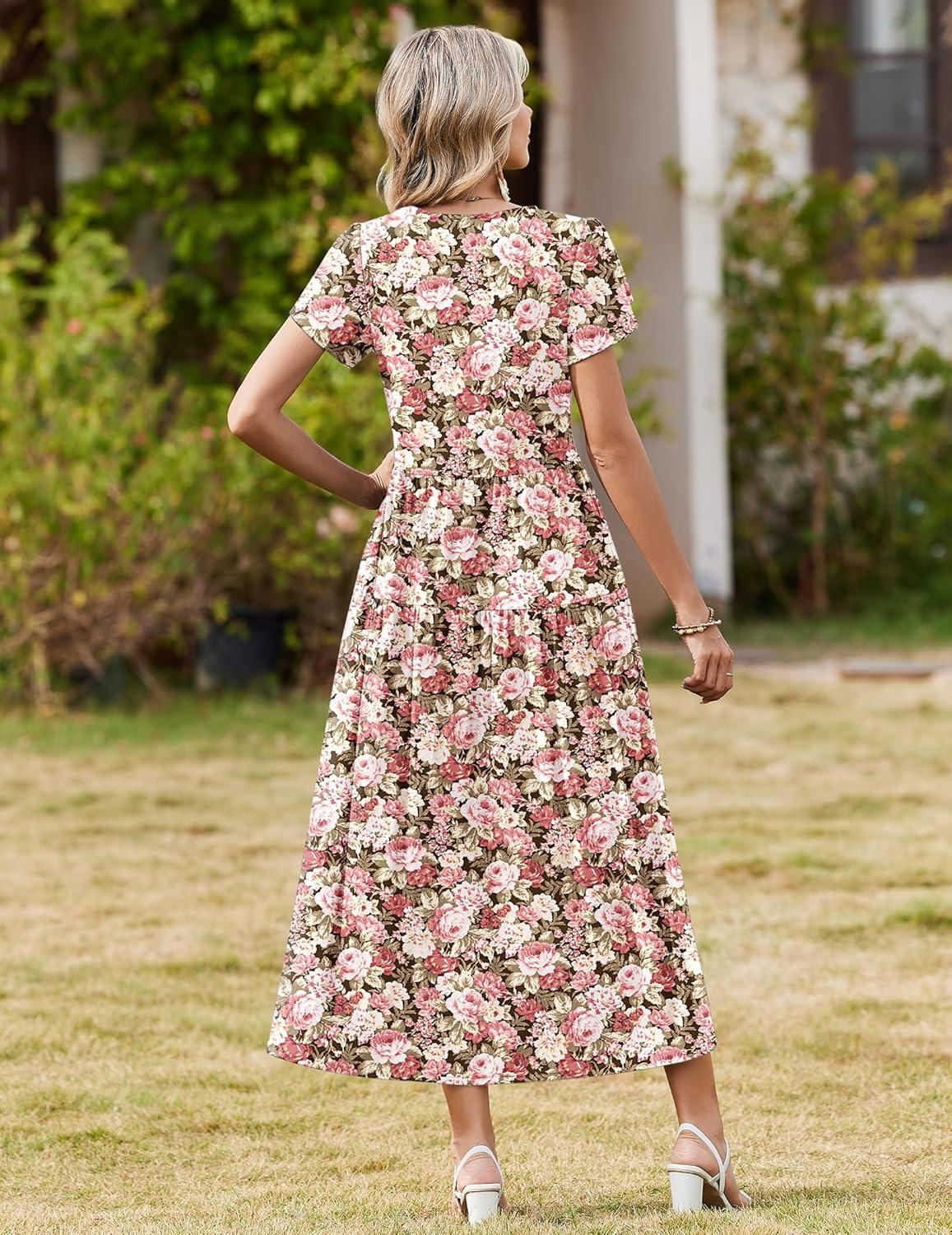imageZeagoo Womens Maxi Dresses Summer Bohemian Floral Short Sleeve Long Dress Casual Flowy Tired Beach Sundress03wf87