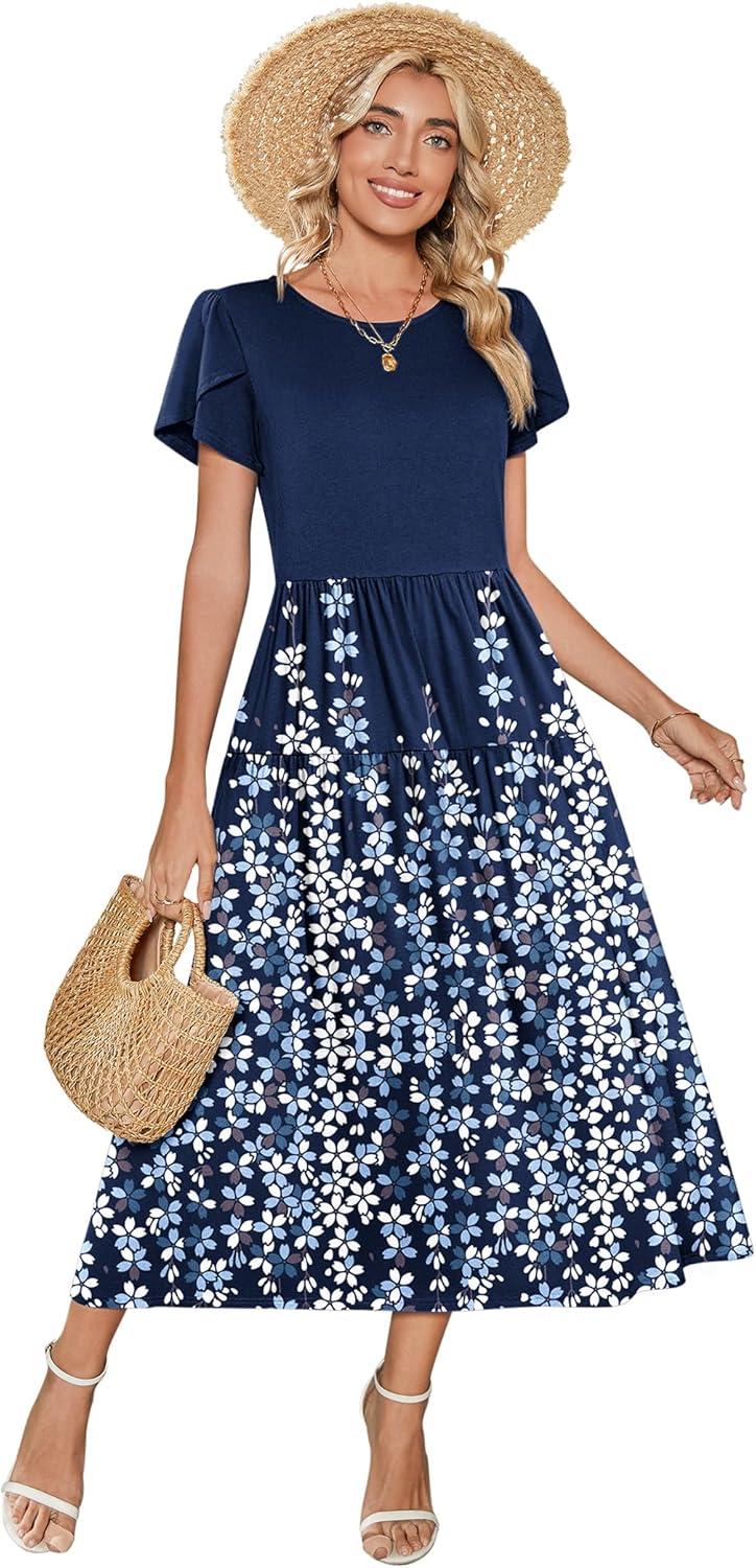 imageZeagoo Womens Maxi Dresses Summer Bohemian Floral Short Sleeve Long Dress Casual Flowy Tired Beach Sundress04navy Blue Flower