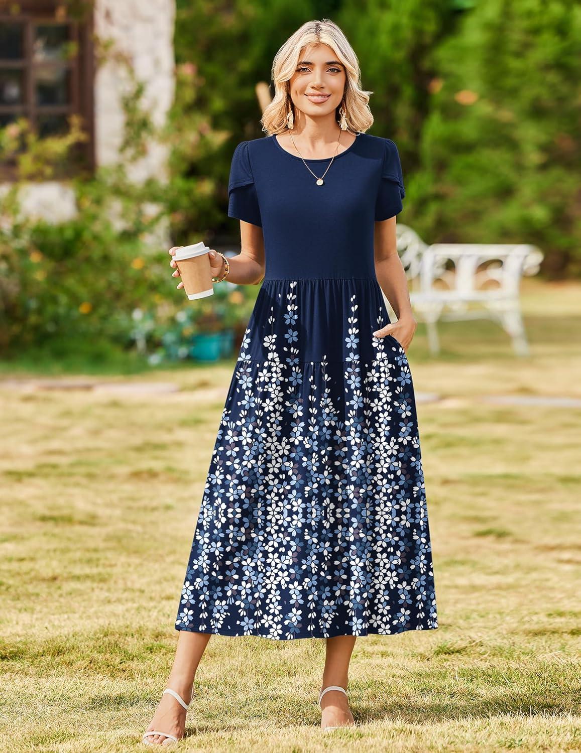 imageZeagoo Womens Maxi Dresses Summer Bohemian Floral Short Sleeve Long Dress Casual Flowy Tired Beach Sundress04navy Blue Flower