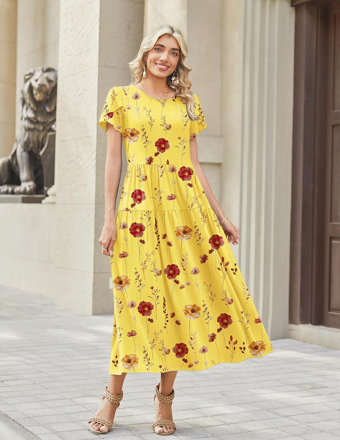 imageZeagoo Womens Maxi Dresses Summer Bohemian Floral Short Sleeve Long Dress Casual Flowy Tired Beach SundressBf351