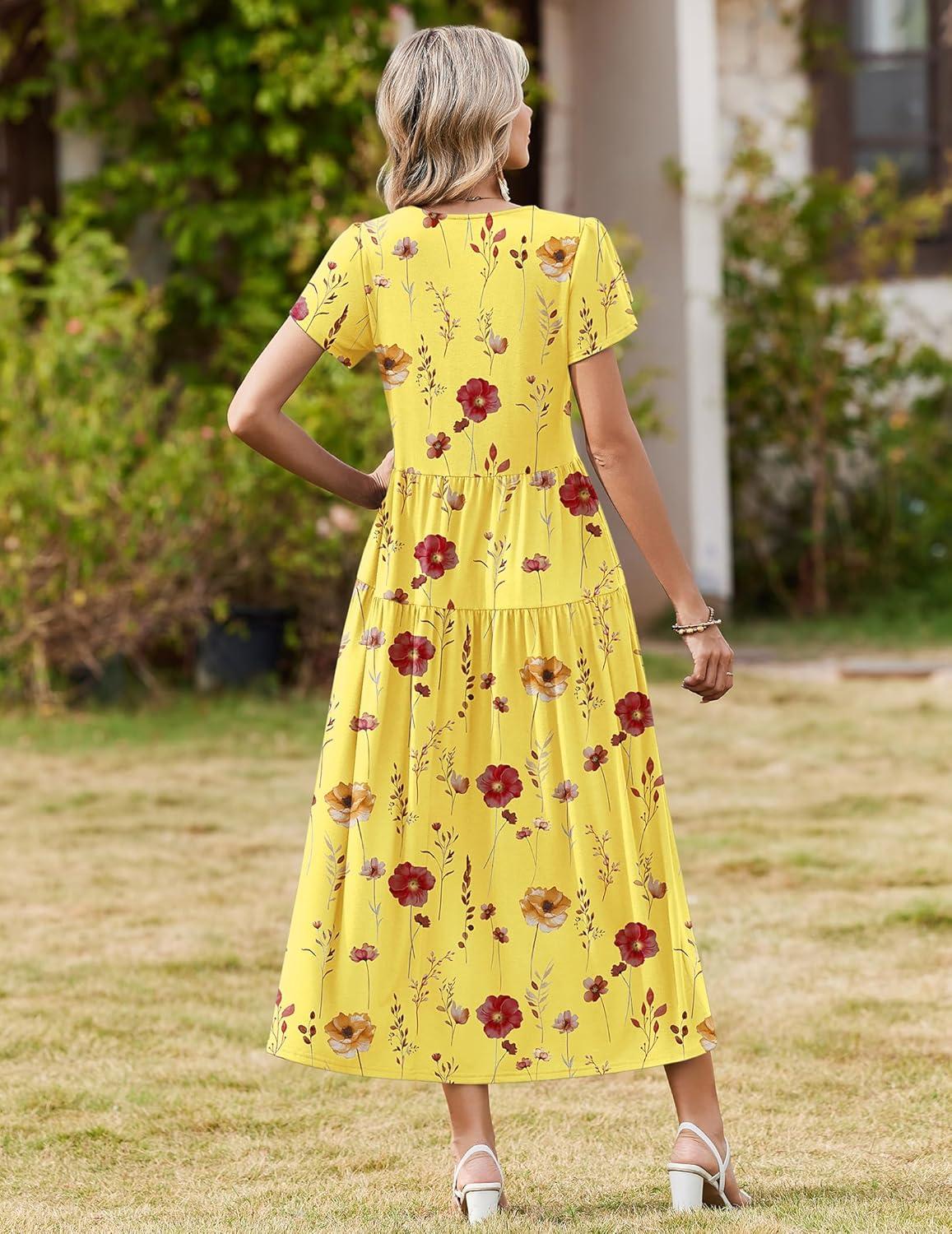 imageZeagoo Womens Maxi Dresses Summer Bohemian Floral Short Sleeve Long Dress Casual Flowy Tired Beach SundressBf351