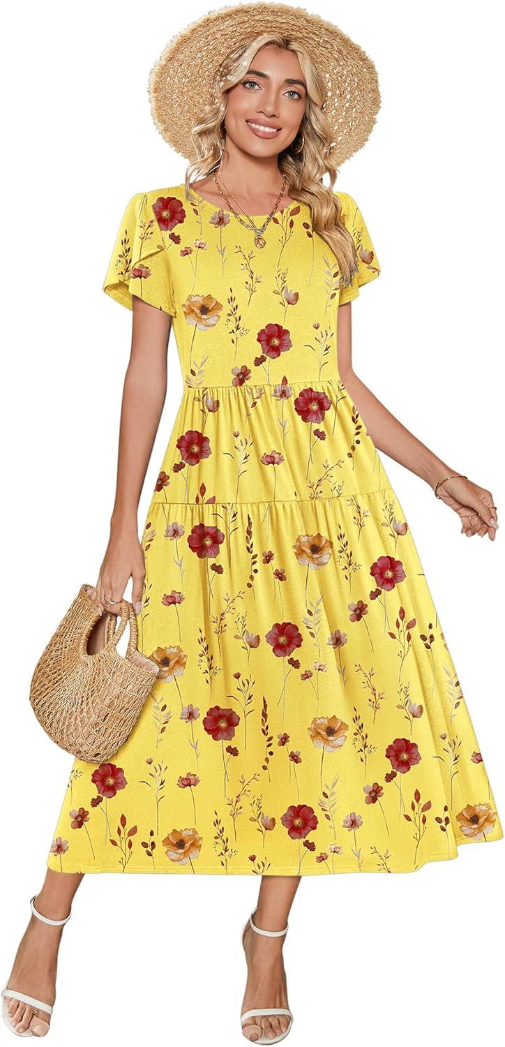imageZeagoo Womens Maxi Dresses Summer Bohemian Floral Short Sleeve Long Dress Casual Flowy Tired Beach SundressBf351