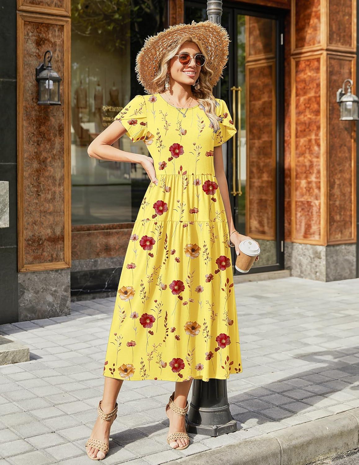 imageZeagoo Womens Maxi Dresses Summer Bohemian Floral Short Sleeve Long Dress Casual Flowy Tired Beach SundressBf351