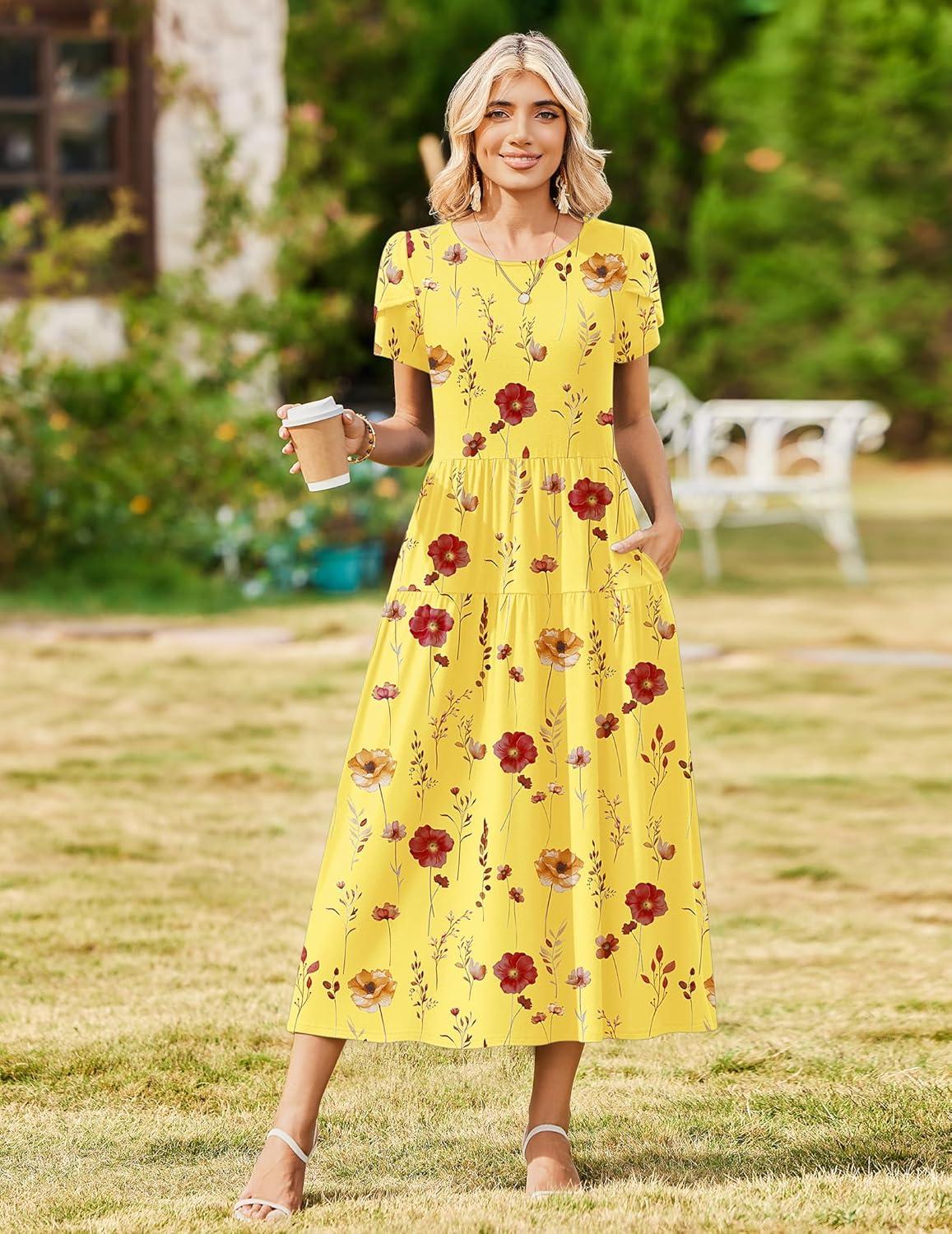 imageZeagoo Womens Maxi Dresses Summer Bohemian Floral Short Sleeve Long Dress Casual Flowy Tired Beach SundressBf351