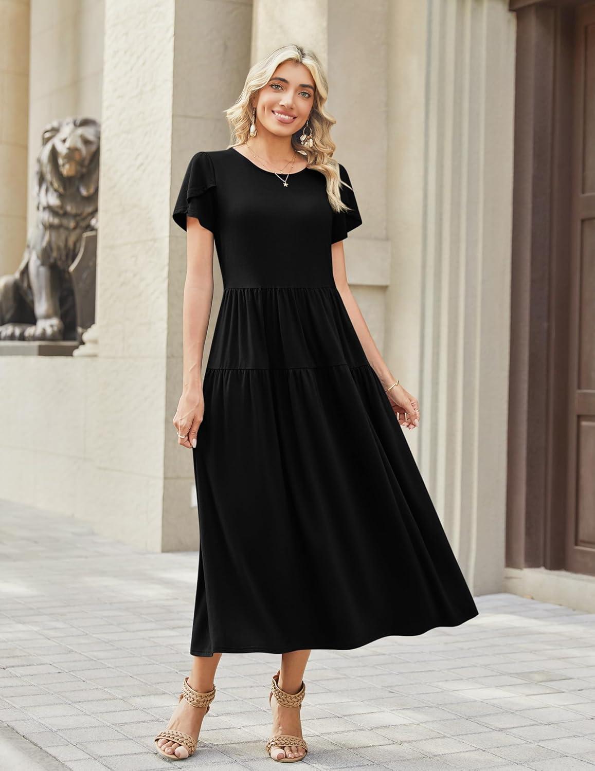 imageZeagoo Womens Maxi Dresses Summer Bohemian Floral Short Sleeve Long Dress Casual Flowy Tired Beach SundressBlack
