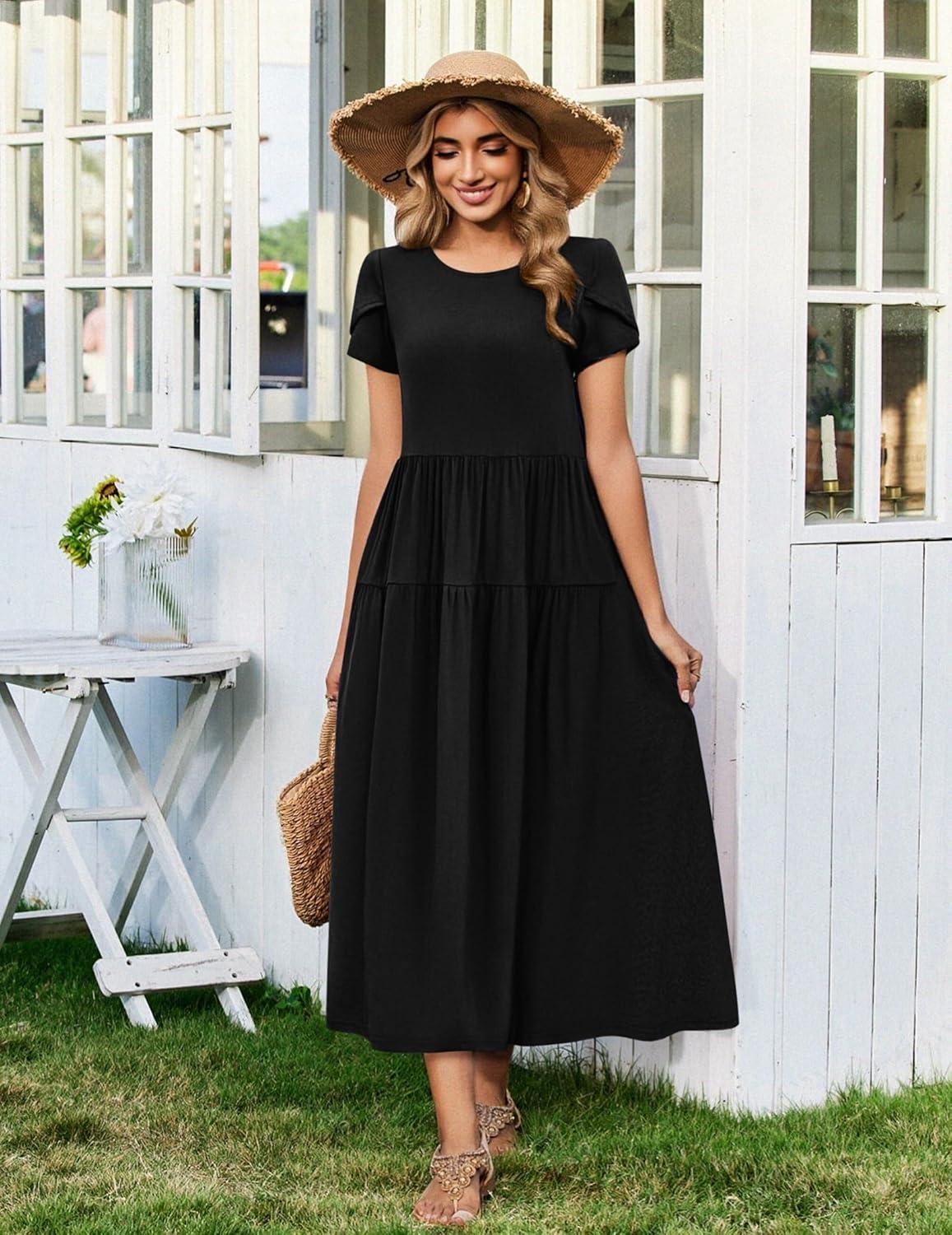 imageZeagoo Womens Maxi Dresses Summer Bohemian Floral Short Sleeve Long Dress Casual Flowy Tired Beach SundressBlack